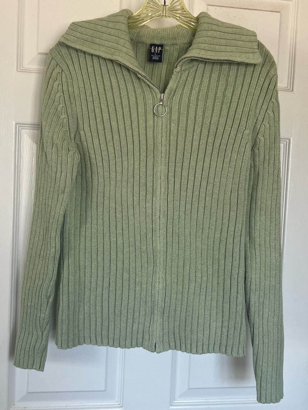 Vintage 90s Y2K Gap Ribbed Zip Up Sweater Sage Green O-Ring Pull S M